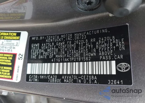 2023 Toyota Camry Se из США, поврежденный, VIN 4T1G11AK1PU181562